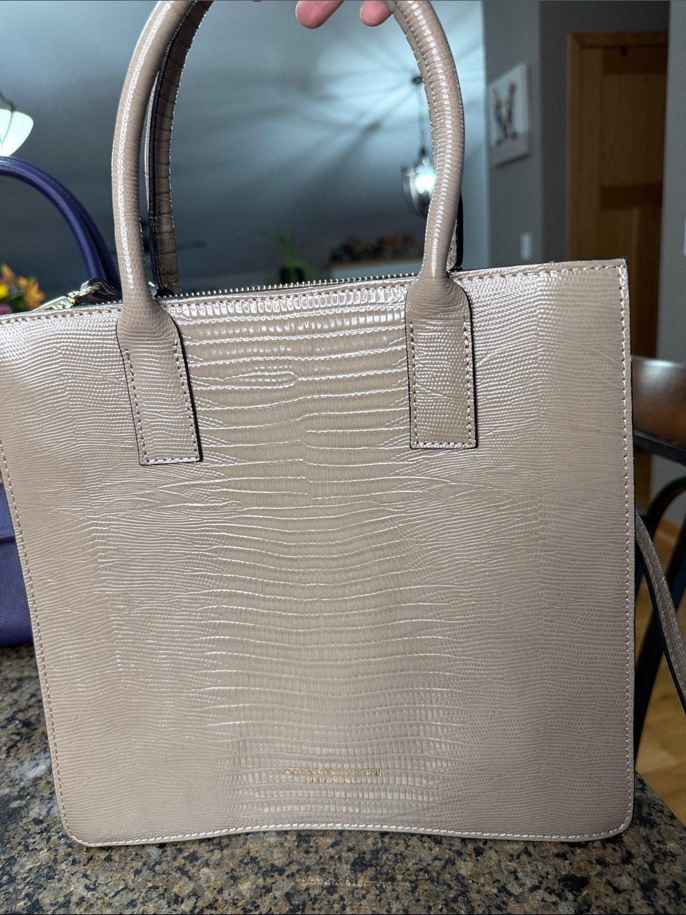 Viola Castellani Taupe Structured Leather Tote with Detachable Crossbody Strap